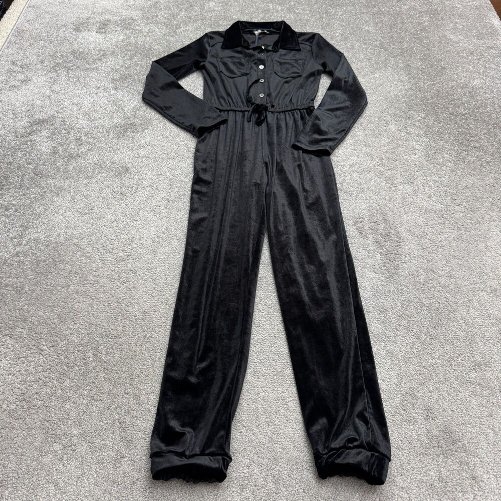 Habitual Velvet Velour Long Sleeve Jumpsuit Big Girls 12 Black Button Front NWT